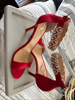Nina Red Satin Jeweled Ankle-Strap Heels